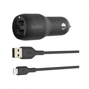 Belkin Dual USB-A Car Charger 24W with Lightning Cable 1M